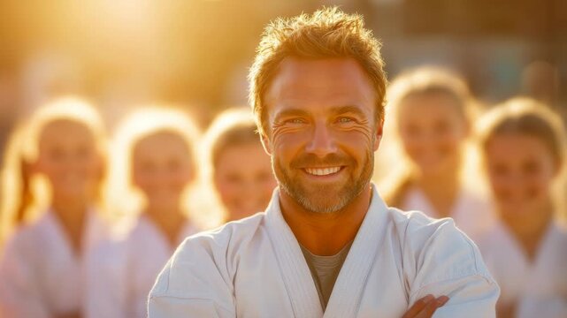 Confident Karate Instructor Leading Team of Students at Sunset for Promotional Material