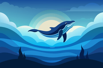 Naklejka premium Whale breaches ocean surface, stylized vector art evokes peace and tranquility, perfect for children's illustrations
