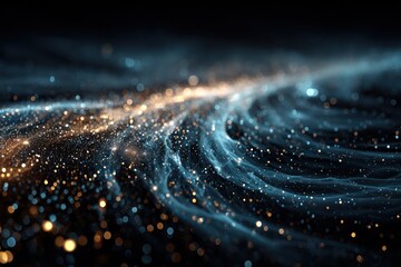 Abstract swirling galaxy with blue and gold light particles in dark space.