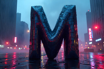 Letter M in Cityscape on Rainy Night Reflecting Neon Lights