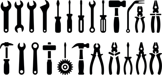 Collection of silhouetted hand tools including wrenches screwdrivers pliers hammers and saws
