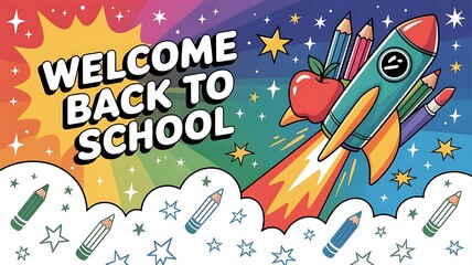 Back to school themed illustration with rocket pencils and apple creating a fun and engaging educational design