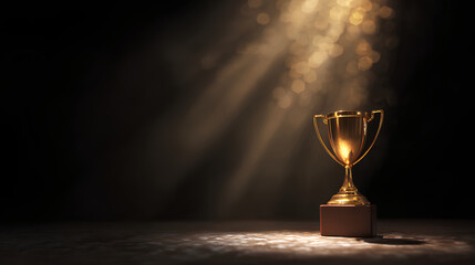 Glowing Gold Trophy on Velvet Podium with Dramatic Spotlight and Subtle Bokeh
