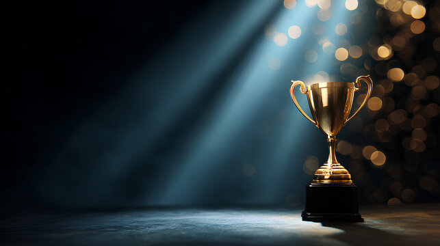 Glowing Gold Trophy on Velvet Podium with Dramatic Spotlight and Subtle Bokeh