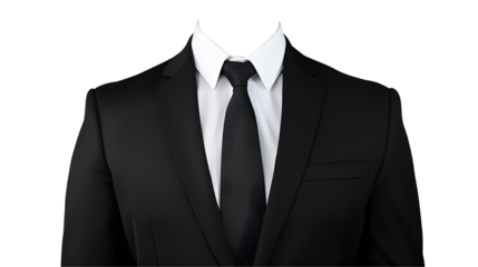 Black suit with white shirt and tie on a transparent background
