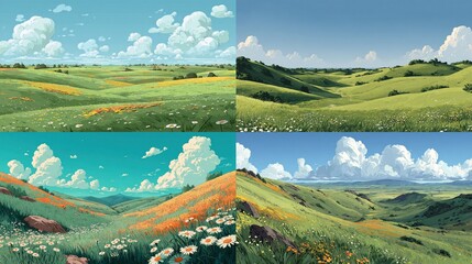 Four pastoral landscapes, soft colors, rolling green hills, wildflowers, fluffy clouds