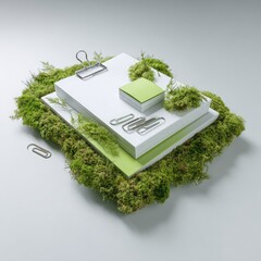 Stacked papers, clips, and sticky notes rest on a bed of moss