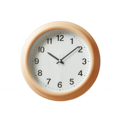 A round wall clock with a wooden frame and a white face, indicating the time clearly in a minimalistic design.