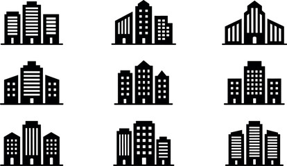 Collection of diverse black and white silhouette icons representing modern urban high rise buildings and skyscrapers