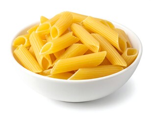 A white bowl filled with uncooked penne pasta against a white background