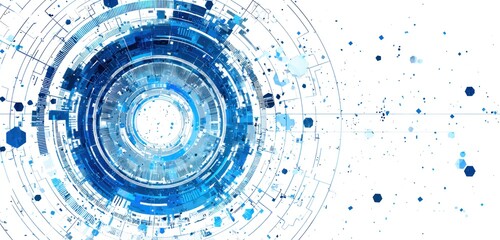 Abstract blue circle design with radiating lines and dots on a white background.