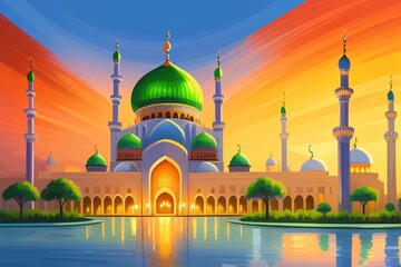 Fototapeta premium Colorful Mosque at Sunset with Water Reflection, an Islamic Architectural Masterpiece.