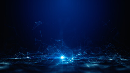 Futuristic digital network with glowing blue data lines and nodes on a dark background, perfect for tech and innovation themes. 3d Rendering