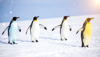 Obraz premium Emperor Penguins on Ice: A mesmerizing view of emperor penguins in a snow-covered landscape under a blue sky and bright sunshine.