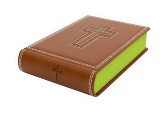 Leather bound holy bible with embossed cross detail isolated on transparent background