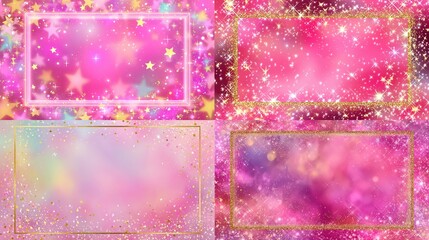 Four glittery pink star-filled backgrounds with golden frames for a dreamy effect