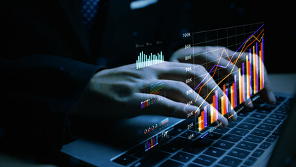Close-up of hands typing with overlaid financial charts and data analysis, representing business intelligence, digital analytics, and corporate growth. 3d Rendering