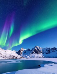 Majestic Aurora Borealis over snowy mountains