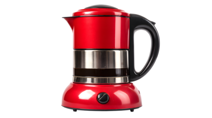 A red moka pot with a black handle on a transparent background