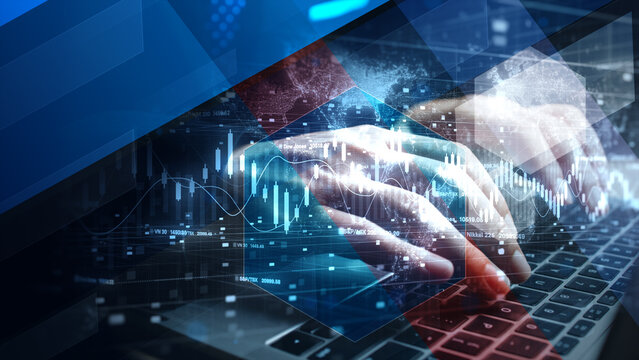Hands typing on laptop keyboard with financial data, stock market graphs, and global analytics overlay for fintech and investment themes. 3d Rendering