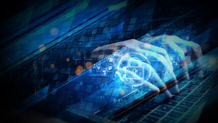Cybersecurity concept with hands typing on a laptop, digital lock icon, and futuristic data protection interface for online security and encryption themes. 3d Rendering