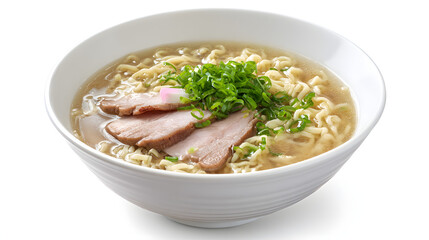 Delicious Wakayama Style Ramen Bowl with Tender Pork and Fresh Green Onions on White Background