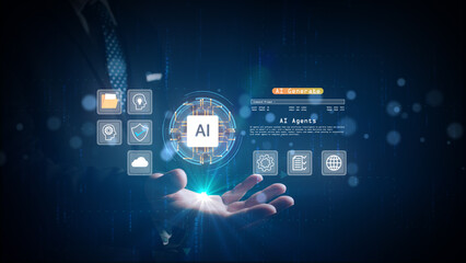 Businessman interacting with AI agent interface using futuristic holographic icons, representing artificial intelligence in business technology. 3d Rendering