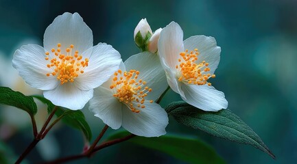 Close-up of three pristine white blossoms with orange centers, nestled amongst dark green leaves