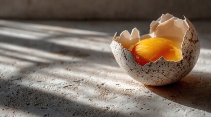 A speckled eggshell, broken open, revealing a vibrant yolk bathed in sunlight