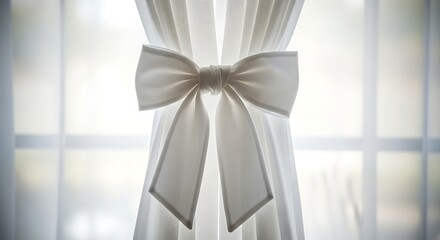 Elegance captured: A pristine white bow adorns softly draped curtains framing a window