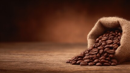 Burlap sack filled with coffee beans spilling onto a wooden surface brown background.