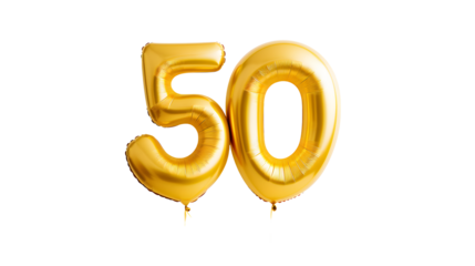 Golden balloons shaped as the number fifty on transparent background