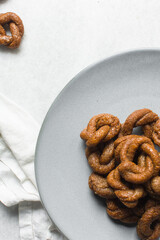 Overhead view of alkaki northern nigerian snack, Hausa doughnut made with wheat and sugar paste or honey