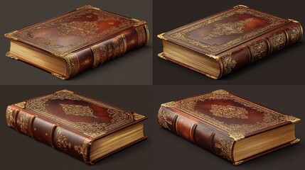Leather-bound book with gold embellishments, shown from different angles on dark background