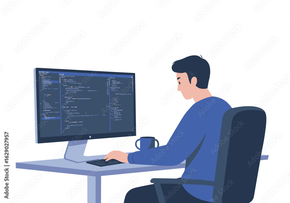 Wall mural focused programmer coding on desktop computer typing on keyboard wearing purple sweater.
