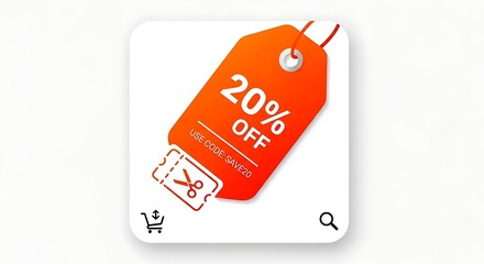 Modern minimalist icon promoting a 20% discount with coupon code and shopping elements