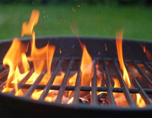 Hot empty portable barbecue BBQ grill with flaming fire and ember charcoal on black background. Waiting for the placement of your food. Close up