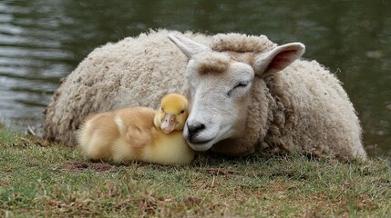Fototapeta premium Sheep and gosling resting together