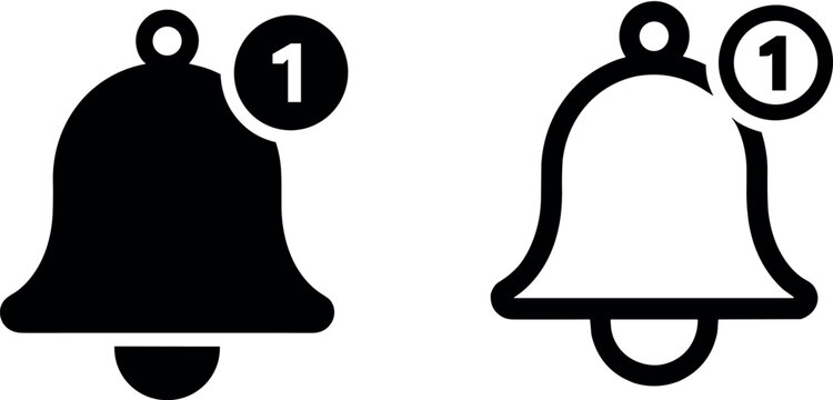 Notification bell icons showing one unread alert in black and white silhouette styles
