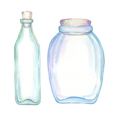 Glass jar with lid, bottle, container, vessel, beach decoration, ocean shore souvenir, pastel colors on white background. Set of isolated objects. Hand drawn watercolor illustration