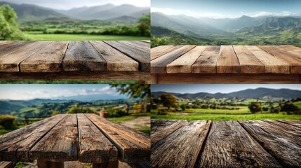 Four views of weathered wooden tabletops, each with a different scenic mountain and valley background