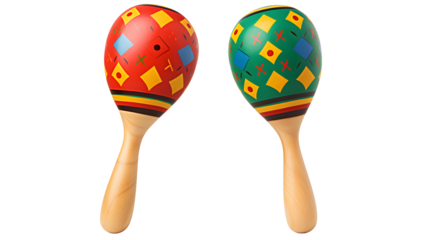 Two colorful maracas with geometric designs on a transparent background