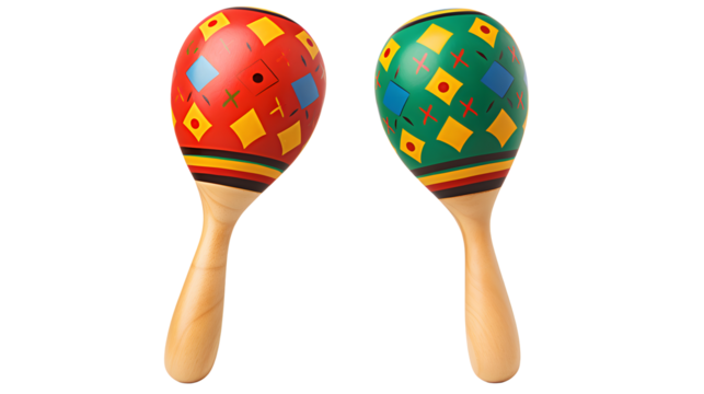 Two colorful maracas with geometric designs on a transparent background