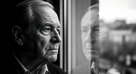 Monochrome portrait of a thoughtful senior man gazing out of a window contemplating the past