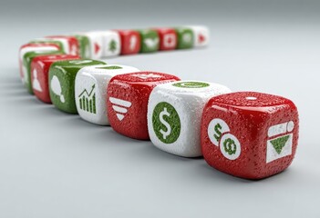 Red and white cubes with various symbols form a curving line on a neutral background