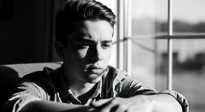 Monochrome portrait of a contemplative young man looking out a window indoor - Powered by Adobe