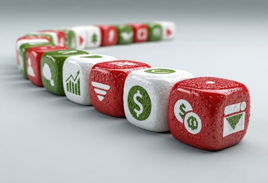 Red and white cubes with various symbols form a curving line on a neutral background