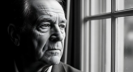 Monochrome portrait of an elderly man contemplating life while gazing through a window