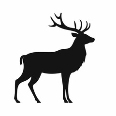 A black silhouette of a majestic stag with large antlers, standing in profile on a white background.