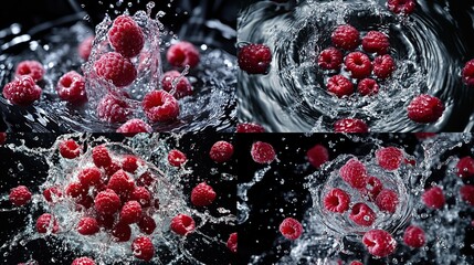 Cascading raspberries surrounded by splashing water against a dark backdrop